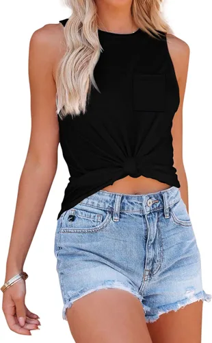 Miniatura 3 de BESFLY Camiseta sin mangas para mujer, cuello redondo, ajuste holgado, ligera, con bolsillo