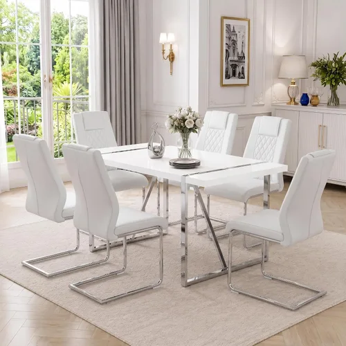 Miniatura 6 de Juego de mesa de comedor moderna de 55 pulgadas para 4, mesa de comedor negra y marco de metal dorado, mesa de comedor rectangular con 4 sillas