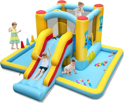 Miniatura 11 de BOUNTECH Casa inflable con hoyo de bolas, casa inflable con tobogán largo y túnel para niños de 3 años en adelante, diversión de fiesta en el patio