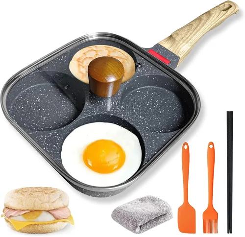 Ywmoml - Juego de sartenes antiadherentes para huevos de 4 tazas con tapa – Olla para omelettes de aluminio para el desayuno, incluye raspador de
