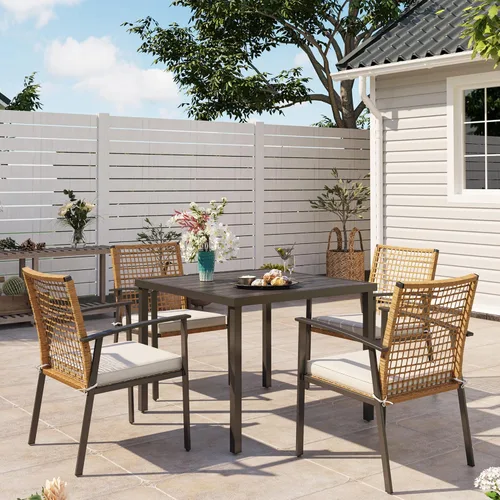 LAUSAINT HOME 5 piezas de juego de comedor para patio al aire libre, juego de muebles de patio de mimbre de 4 sillas con cojín suave y mesa cuadrada