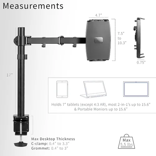 Miniatura 3 de VIVO Soporte universal de escritorio para tableta, adaptador de brazo único para portátiles 2 en 1, soporta monitores portátiles de hasta 15.6