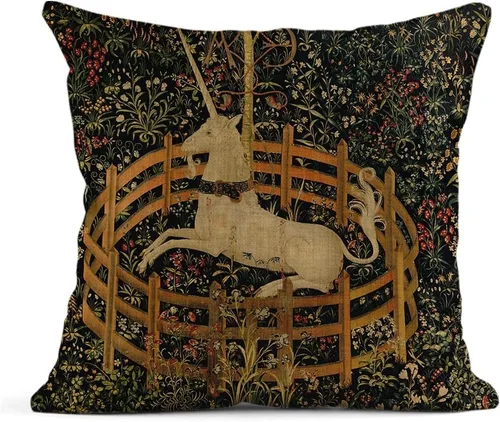 HODKHNO Funda de almohada de 16 x 16 pulgadas, medieval, vintage, de caza, unicornio, cautividad, él y ella, decoración del hogar, fundas de