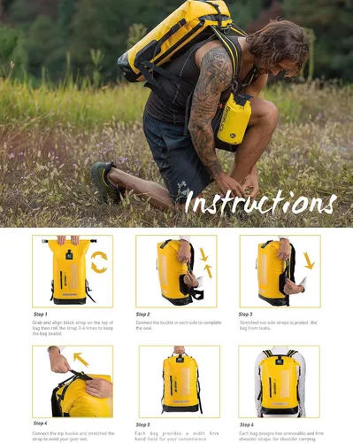 Miniatura 8 de IDRYBAG Mochila impermeable para hombres 5.28/7.93/10.57 galones, saco seco flotante para kayak, mochila seca para senderismo Amarillo
