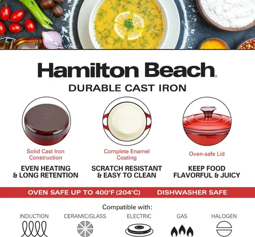 Miniatura 3 de Hamilton Beach Horno holandés de hierro fundido esmaltado de 3 cuartos de galón con tapa, olla resistente para estofar, asar y hornear, color rojo