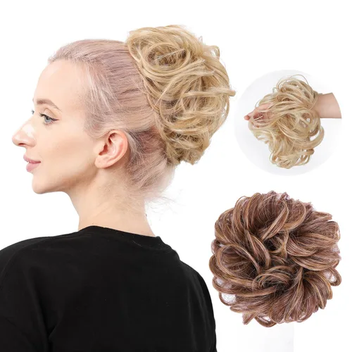 Miniatura 16 de Moño de cabello despeinado castaño, moños desordenados falsos sintéticos, moño rizado, moño recogido y moño, extensiones de cabello envolvente