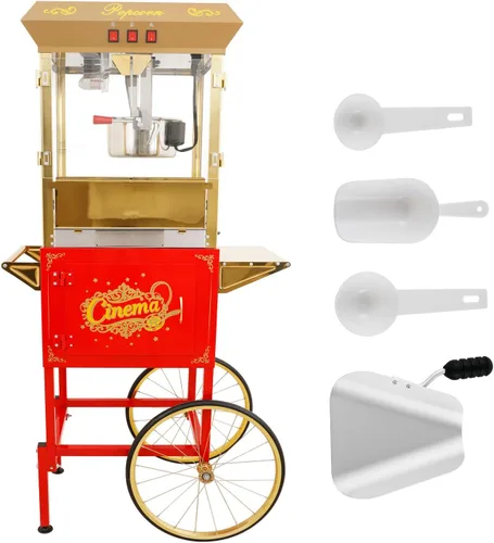 Miniatura 16 de Máquina comercial de palomitas de maíz con carrito y hervidor de 20 onzas, máquina vintage de palomitas de maíz de 1440 W sobre ruedas con vidrio
