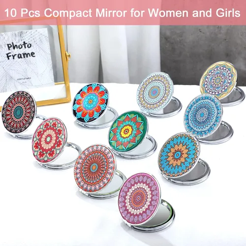 Miniatura 6 de Berlune 10 piezas de espejo de bolsillo con mandala, mini espejos de maquillaje compactos de viaje, accesorios plegables a mano, diseños de mandala