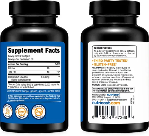 Miniatura 4 de Nutricost Aceite de semilla negra (comino), prensado en frío, fuente de Omega 3 6 9-120 cápsulas blandas, 1000 mg por porción, 60 porciones, sin OMG