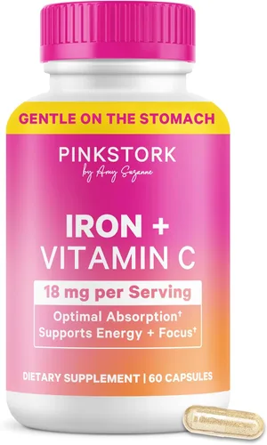 Pink Stork Hierro para Mujeres – 18 mg de Bisglicinato de Hierro No Estreñente + Vitamina C para Absorción Óptima – Energía, Concentración y