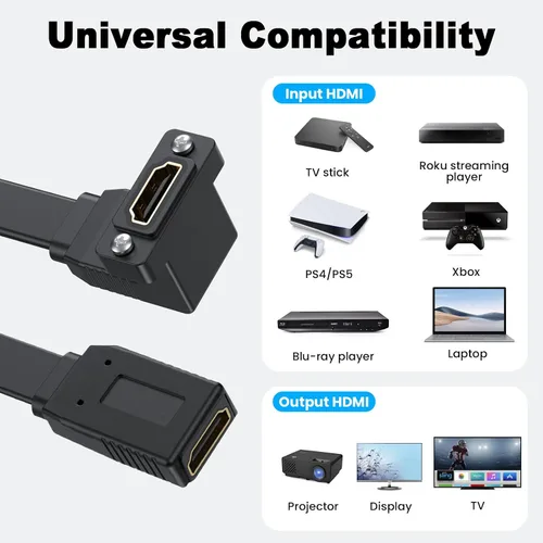 Miniatura 3 de Poyiccot Cable HDMI plano, cable de extensión HDMI de montaje en panel 4K, 18 Gbps en ángulo superior hembra a hembra, compatible con Ethernet 3D 4K