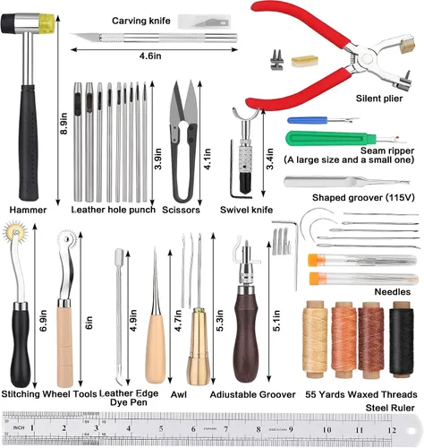 Miniatura 3 de 273 piezas de herramientas y suministros para trabajo en cuero con caja de herramientas de cuero, tapete de corte, martillo, agujas de estampado