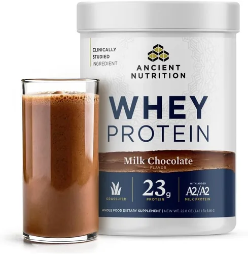 Ancient Nutrition Proteína de suero alimentada con pasto, chocolate con leche, 0.81 oz de proteína, 20 porciones, péptidos de colágeno hidrolizados,