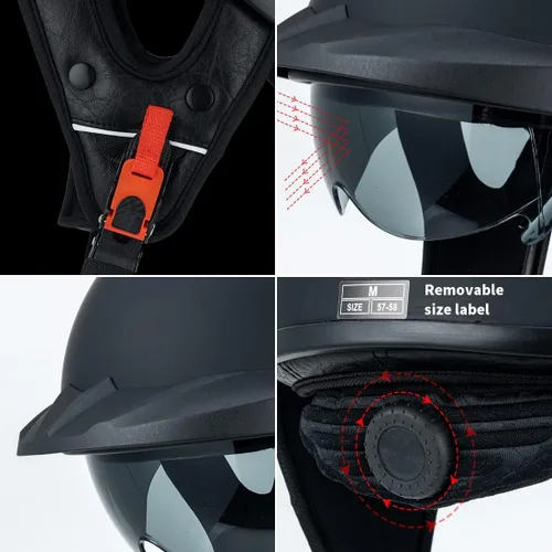 Miniatura 5 de Pit Boss Casco Medio para Motocicleta para Hombres y Mujeres, Aprobación DOT, Casco Retro de Cara Media con Visera, Estilo Crucero, Ajuste Bandera