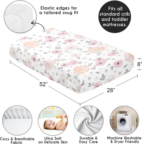 Miniatura 4 de Sweet Jojo Designs Sábana bajera para cuna de bebé 100% algodón (rosa/gris bohemio floral) para niñas, guardería infantil, habitación de niños