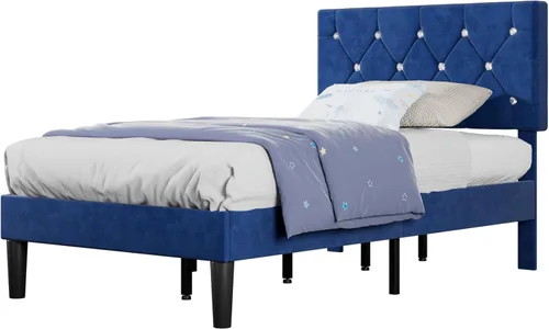 Miniatura 10 de VECELO Base de cama de tamaño individual, plataforma tapizada con cabecera ajustable de diamante, soporte de listones de madera, no necesita somier