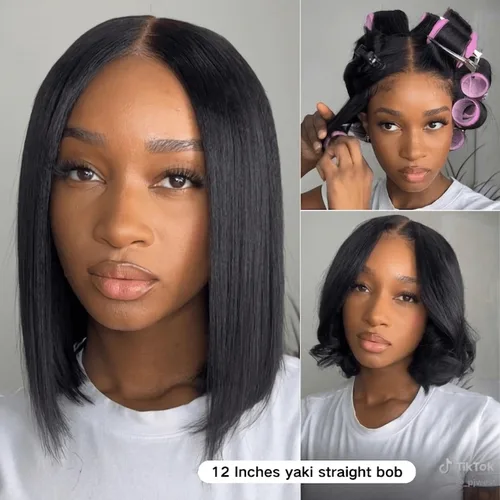 Miniatura 4 de Julia Hair Peluca Bob Recta Yaki Ligera de 10 Pulgadas 100% Cabello Humano Sin Pegamento Bye Bye Knots Encaje HD 7x5 Precortada Despuntada Peluca