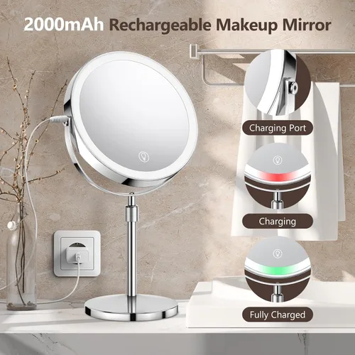 Miniatura 6 de UBYMET Espejo de maquillaje iluminado, altura ajustable, doble cara, aumento 1x/10x con 3 colores, brillo ajustable, rotación de 360°, regalo