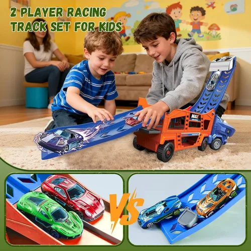 Miniatura 5 de Juguetes de Camión de Dinosaurios para Niños de 3-5 - Camión Transportador con 6 Autos de Juguete Fundidos a Presión, Camión 3 en 1 con 2 Pistas