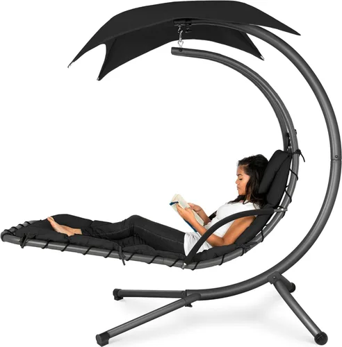 Best Choice Products Silla Columpio Chaise Lounge de Acero Curvo Colgante para Exteriores con Almohada Integrada y Toldo Extraíble - Negro