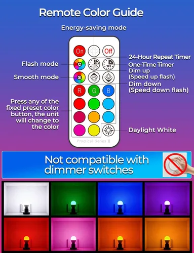 Miniatura 6 de ILC Bombilla LED que cambia de color, equivalente a A15 a 40 W, 5000 K luz blanca diurna, 450LM 5W E26 base de tornillo RGBW, bombilla de estado