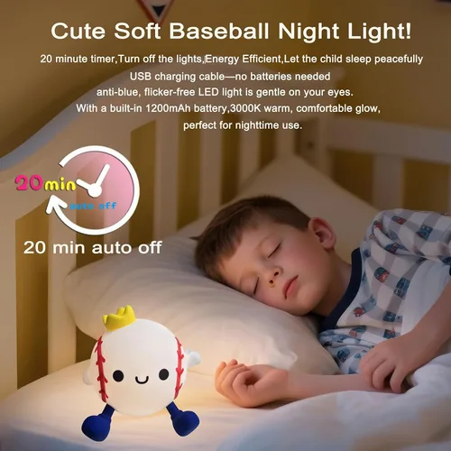 Miniatura 3 de DREAMING MY DREAM Luz de noche de béisbol, linda lámpara LED novedosa de silicona esponjosa, lámpara táctil con 2 niveles de atenuación