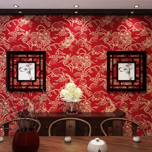 Miniatura 3 de Q QIHANG Papel pintado de estilo rojo chino Patrón de dragón clásico Zen Hotel Restaurante Sala de estar Nubes auspiciosas Fondo de TV Fondo