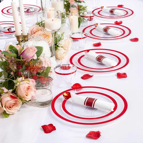 Miniatura 8 de I00000 Juego de 210 platos rojos, platos de plástico transparente y rojo que incluye 60 platos, 30 tazas, 30 servilletas enrolladas con cubiertos