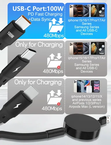 Miniatura 3 de Herfair Cable USB C retráctil de 5 A/100 W, cable de carga múltiple 3 en 1, cable de carga rápida para iPhone, iPad, Android, tableta, laptop