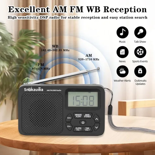 Miniatura 2 de Radio AM FM, radio portátil NOAA para emergencias, pequeña radio digital con almacenamiento de modo dual, sintonizador digital, temporizador