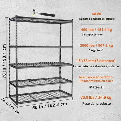 Miniatura 8 de VEVOR Estantes de almacenamiento, 2500 libras, estantería de garaje resistente de 5 niveles, 18 pulgadas de profundidad x 48 pulgadas de ancho x 72