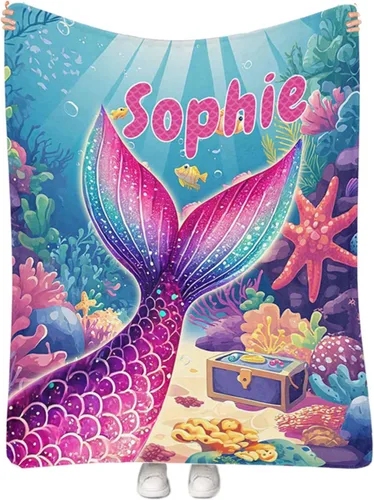 Miniatura 27 de Manta personalizada de sirena para niñas, manta de envoltura personalizada con nombre, manta de forro polar suave para niños recién nacidos, manta