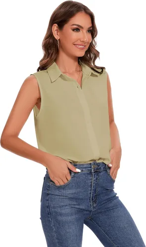 Miniatura 6 de YAMANMAN Camisa sin mangas con botones para mujer, blusa clásica con cuello redondo, camiseta básica de gasa para el trabajo y la oficina