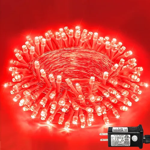 Guirnalda de 120 luces LED rojas impermeables para exteriores, luces de Navidad rojas de 40 pies, 8 modos, cable transparente, guirnalda de luces de