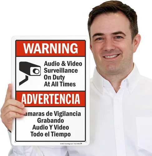 Miniatura 4 de SmartSign-S-9392-AL-14 Advertencia - Vigilancia de Audio y Video En Servicio en Todo Momento Letrero Bilingüe 10" x 14" de Aluminio - Negro/Rojo