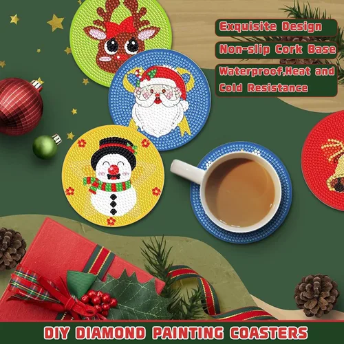 Miniatura 3 de FOWSEEK 8 Piezas Posavasos de Arte de Pintura de Diamantes de Navidad, Kit de Posavasos de Arte de Diamante DIY con Soporte para Adultos