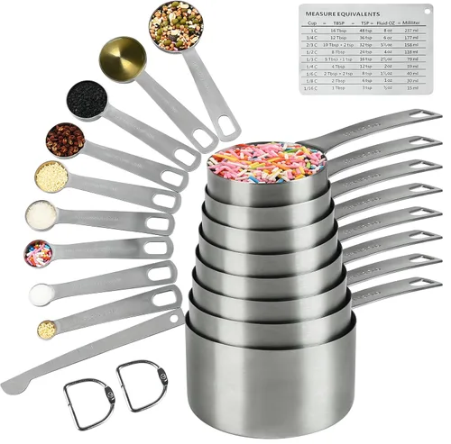 Miniatura 10 de Juego de Tazas Medidoras Hotsyang, Tazas Medidoras de Acero Inoxidable 18/8 para Seco y Líquido, Tazas de Medición de Metal con Tabla de Conversión
