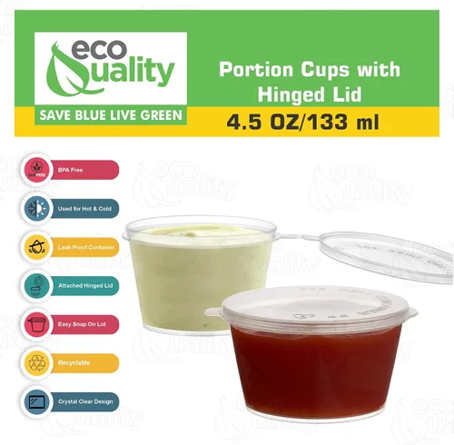 Miniatura 3 de EcoQuality Vasos de porciones a prueba de fugas de 4.5 onzas con tapas, recipientes de plástico para soufflé de condimentos con tapa con bisagras