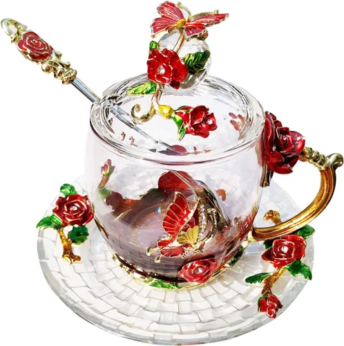 Taza de Té de Cristal Taza de Café con Tapa Platillo Cuchara Regalo de Cumpleaños Navidad para Mujeres Amigas Mujer Abuela Mamá Hermana Decoración