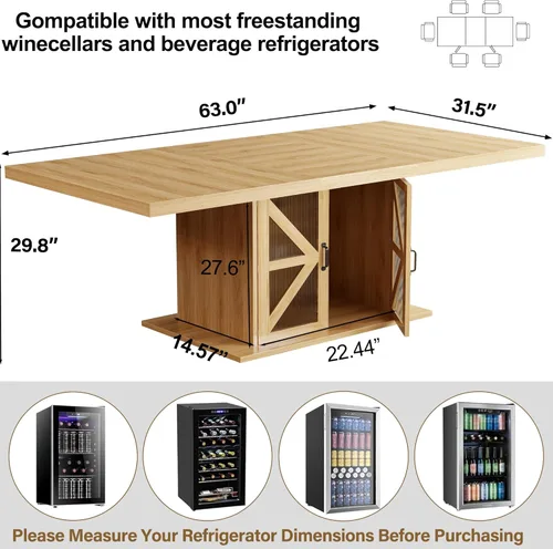 Miniatura 2 de LVB Mesa de comedor para 4-6, moderna mesa de comedor de madera, mesa de cocina rectangular de granja con espacio de almacenamiento y refrigerador