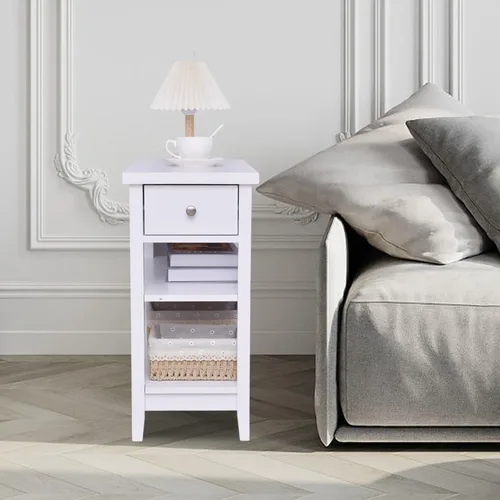 Miniatura 7 de Mesa auxiliar con cajón y estantes dobles, mesa auxiliar para sofá, mesita de noche para espacios pequeños, sala de estar, dormitorio, oficina Blanco