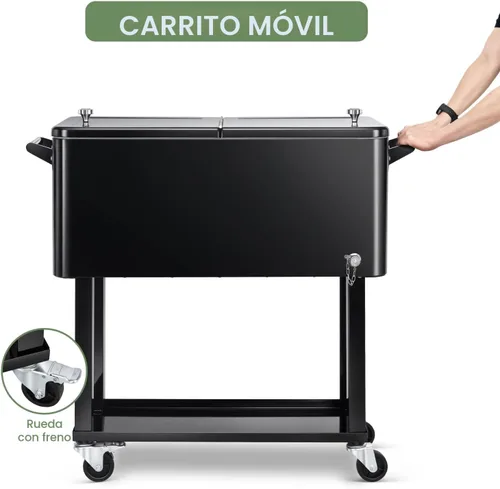 Miniatura 4 de Carrito de hielera rodante de 80 cuartos de galón, carro enfriador para patio, bar de bebidas para fiestas en el patio trasero, con soporte de Negro