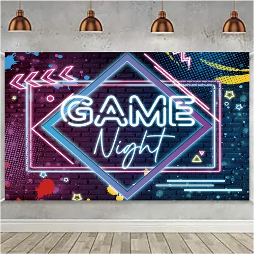 Miniatura 3 de Fondo de fotografía de lámpara de neón para noche de juegos, decoración de mesa de pastel, decoración de mesa, telón de fondo para fotos, 5 x 3 pies