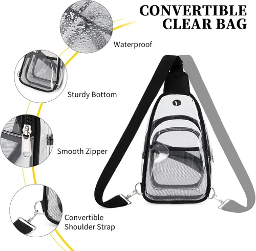Miniatura 7 de Bolsa transparente para eventos en estadios, mochila transparente para mujer, impermeable, de PVC, cangurera cruzada para conciertos Negro