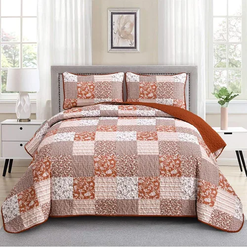 Miniatura 21 de Mybedsoul Juego de edredón bohemio beige tamaño individual, juego de colcha floral a cuadros de 3 piezas, juego de ropa de cama reversible