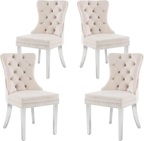 Miniatura 35 de KCC Nikki Collection - Juego de 4 sillas de comedor de terciopelo tapizadas de alta gama con anillo trasero de clavo, patas de madera maciza