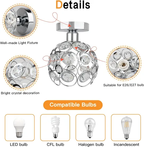 Miniatura 6 de Lámpara de araña mini plateada, lámpara de techo de cristal, luces de pasillo semiempotradas, pequeñas cubiertas de lámpara de araña de metal hechas
