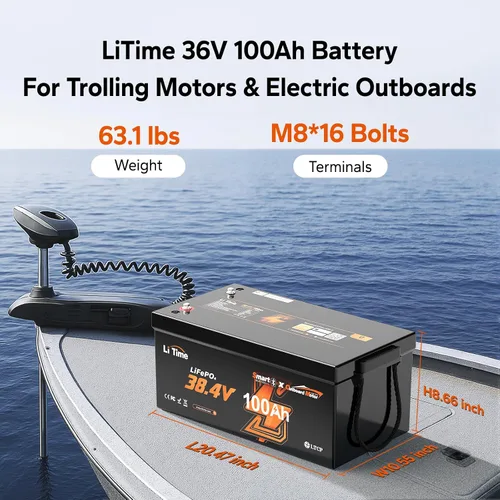 Miniatura 8 de LiTime Batería LiFePO4 de 36V 100Ah OBM Bluetooth con Protección a Baja Temperatura con Cargador de 43.8V 25A, BMS Integrado de 100A, Batería