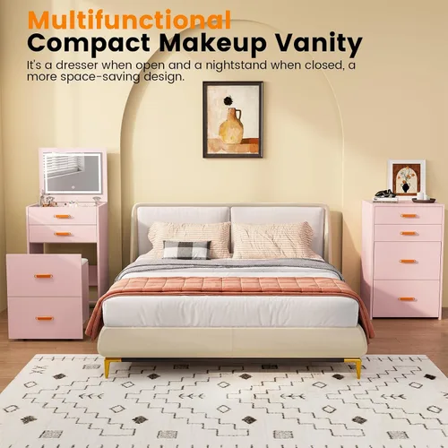 Miniatura 6 de Pequeño escritorio de maquillaje con espejo y luces, juego de tocador compacto 3 en 1, mesita de noche, tocador con silla enrollable ajustable