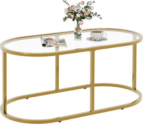 Miniatura 9 de Mesa de centro de cristal dorado Mesas de centro para sala de estar, Mesa ovalada Mesa central con marco de metal resistente, Mesas decorativas